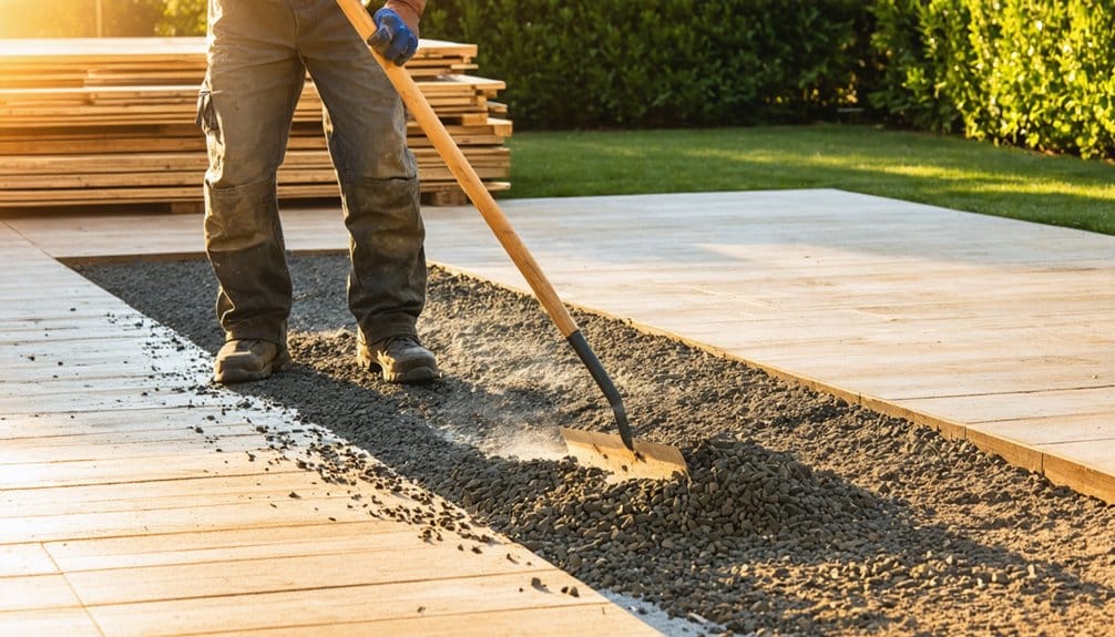 A person uses a rake to level gravel on a rectangular area, preparing the ground for paving, with wooden boards and green bushes in the background.
