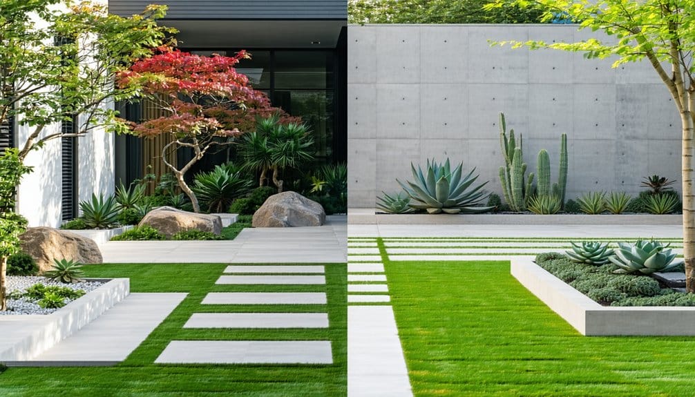 Modern minimalist garden with geometric stone paths, manicured grass, boulders, agave and cactus plants, and a concrete wall in the background.