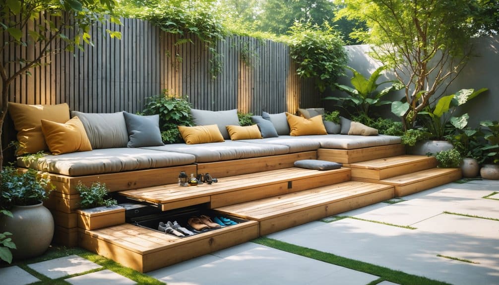 Wooden outdoor seating with gray and yellow cushions, built-in drawers for storage, surrounded by potted plants and a wooden privacy fence in a landscaped garden.