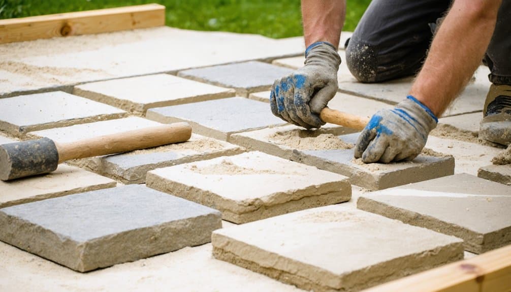 A person wearing gloves installs rectangular stone pavers on a sand base, using a wooden mallet to adjust their position.