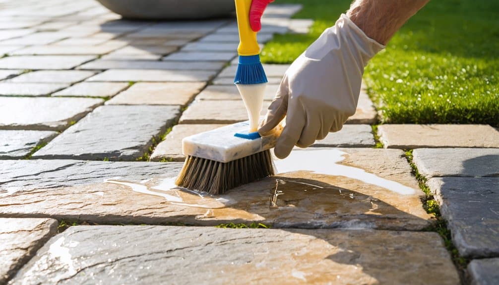 A person wearing gloves uses a brush to scrub a stone patio with cleaning solution outdoors.