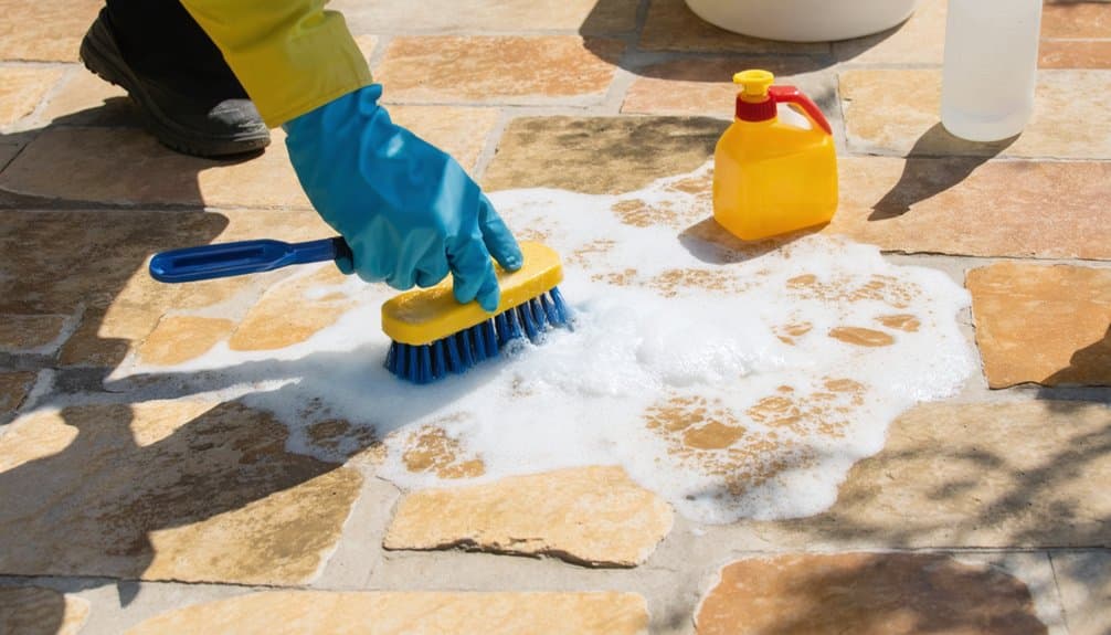A person wearing blue gloves scrubs a soapy tiled floor with a brush; cleaning supplies are visible nearby.