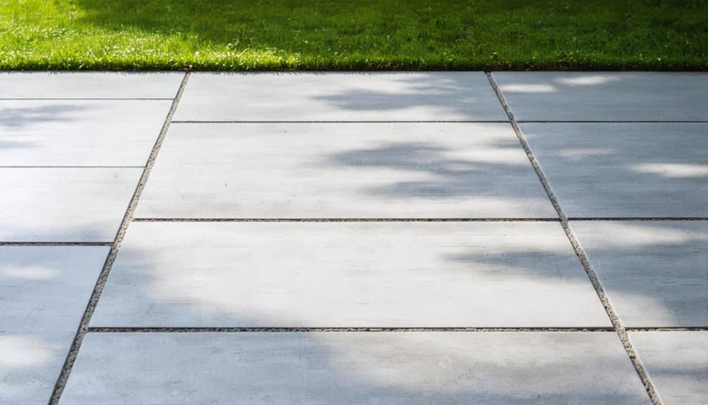 Large square concrete pavers form a pathway with grass in the background and tree shadows cast onto the surface.