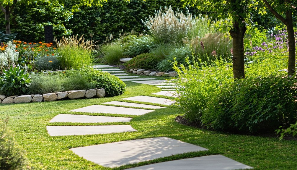 Curved stone pathway through a landscaped garden with green grass, shrubs, flowers, and trees.