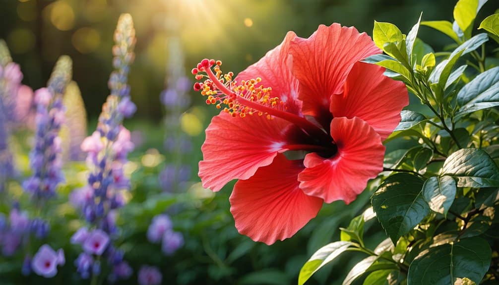 A close-up of a red hibiscus flower in full bloom with sunlight shining, surrounded by green leaves and blurred purple flowers in the background.
