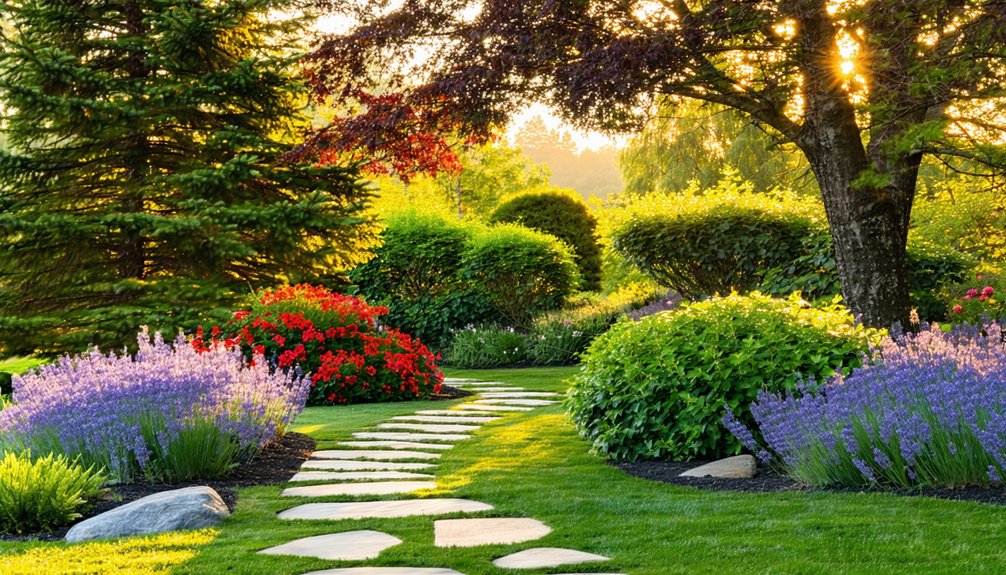 A stone path curves through a landscaped garden with blooming flowers, green shrubs, and trees, lit by sunlight filtering through the branches.