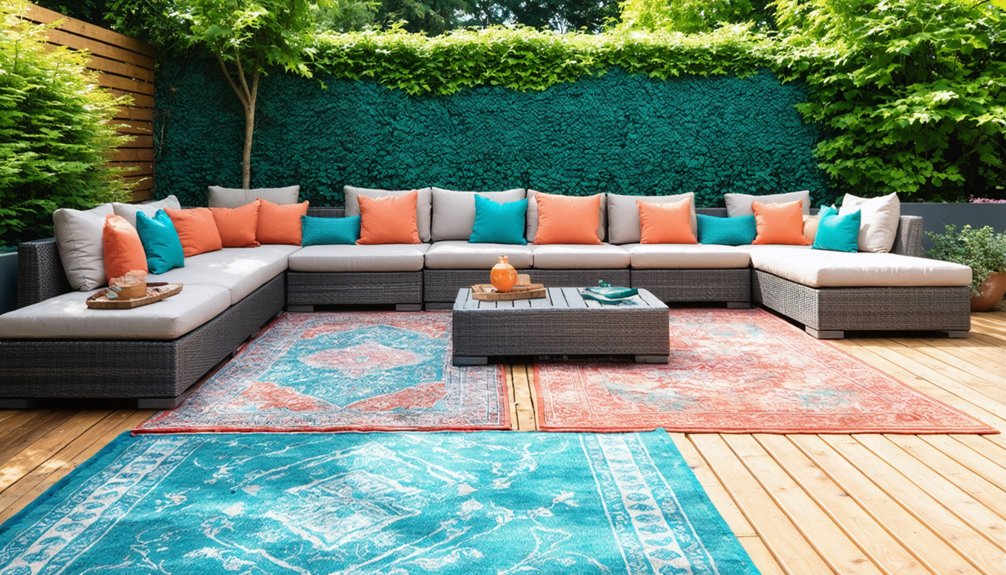 A modern outdoor patio features a large sectional sofa with teal and orange pillows, a low coffee table, and patterned rugs on a wooden deck, surrounded by green plants and a hedge wall.