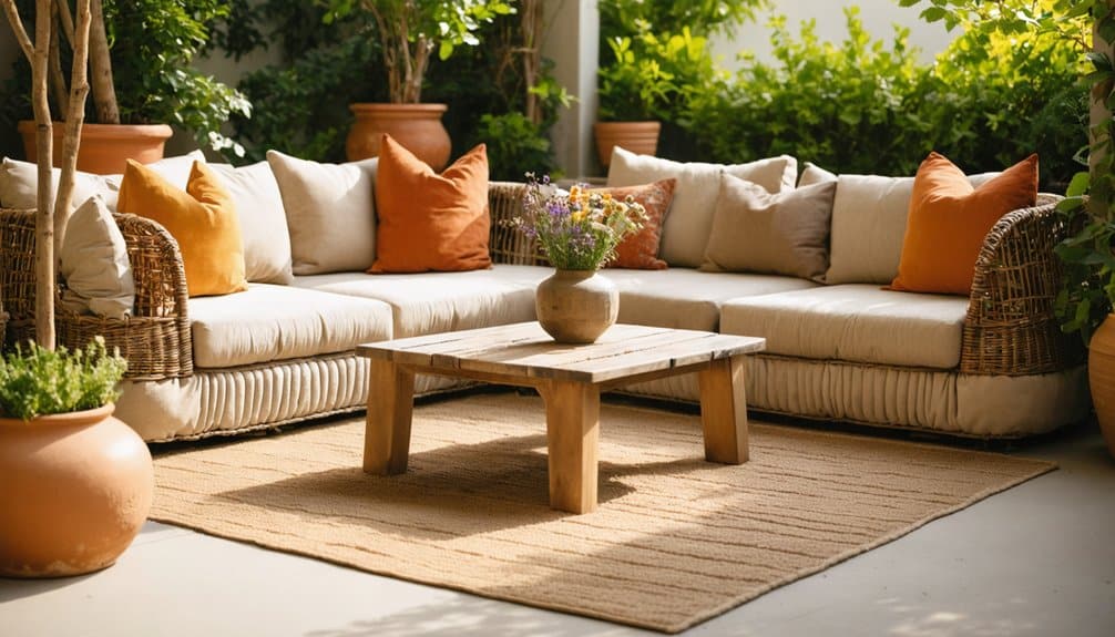 Outdoor patio with wicker sofas, beige and orange cushions, a wooden coffee table, and potted plants on a tan rug surrounded by greenery.