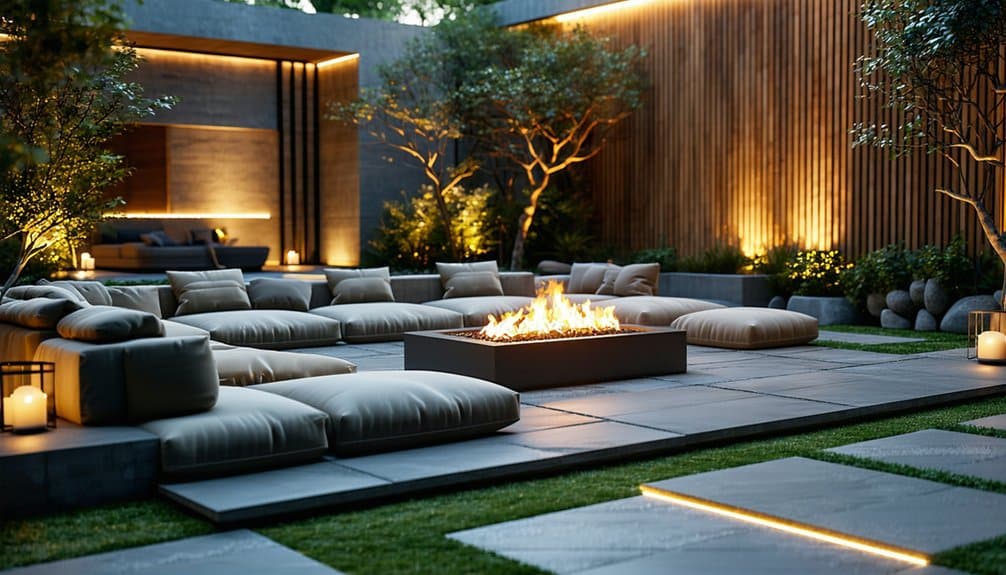 Modern outdoor lounge with large cushions around a rectangular fire pit, surrounded by trees, soft lighting, and wooden panel walls in the background.