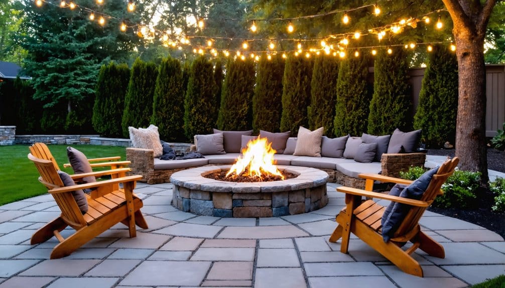 A circular stone fire pit is surrounded by wooden chairs and a curved cushioned bench on a paved patio, with string lights hanging above and tall trees in the background.