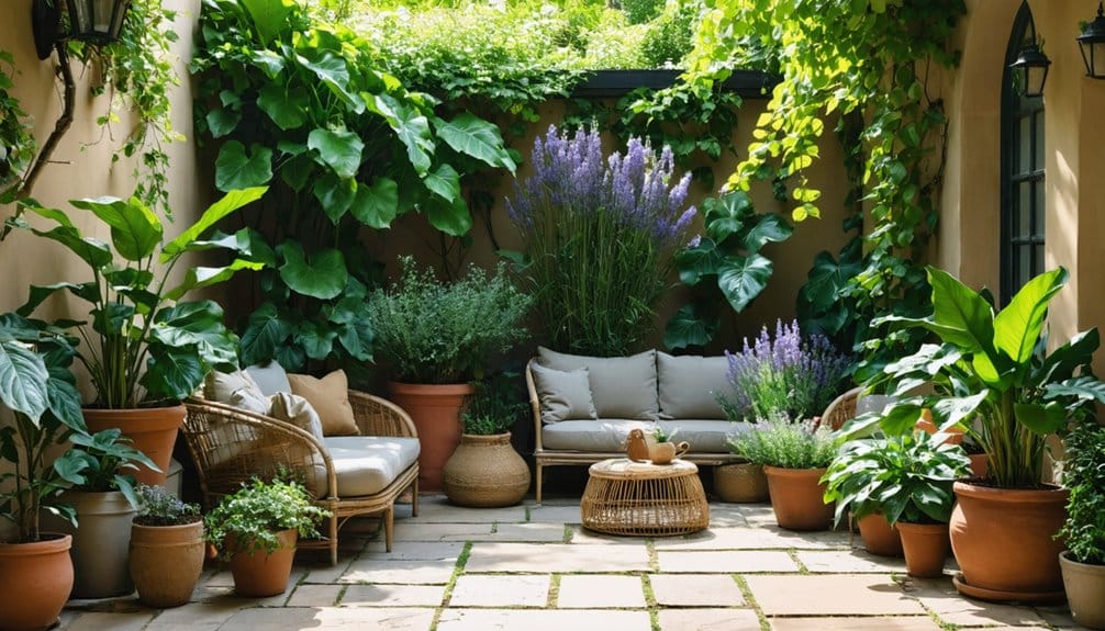 A patio with wicker furniture and beige cushions is surrounded by various potted plants and lush greenery. Sunlight filters through, creating a calm outdoor seating area.