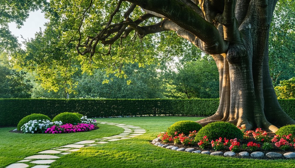 A large tree with thick branches shades a manicured lawn, curved stone path, flower beds, trimmed shrubs, and a tall hedge in a landscaped garden.