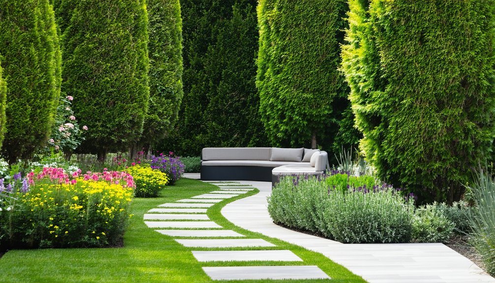 Garden with neatly trimmed trees, colorful flower beds, a curved stone path, and a modern gray outdoor sofa in the background.