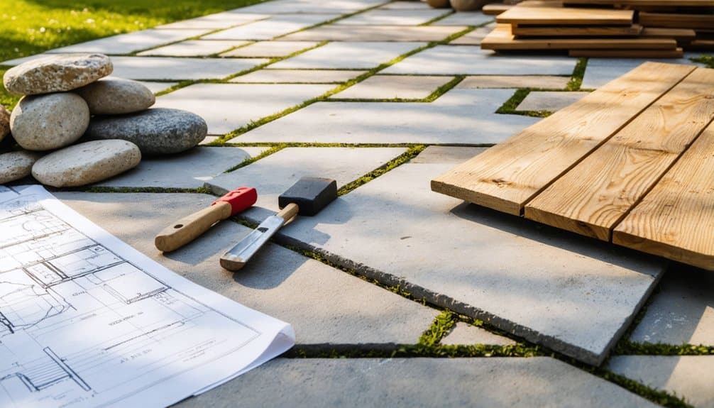 Landscape design plan, tools, paving stones, and wood planks arranged outdoors on a partially constructed patio with grass visible between pavers.