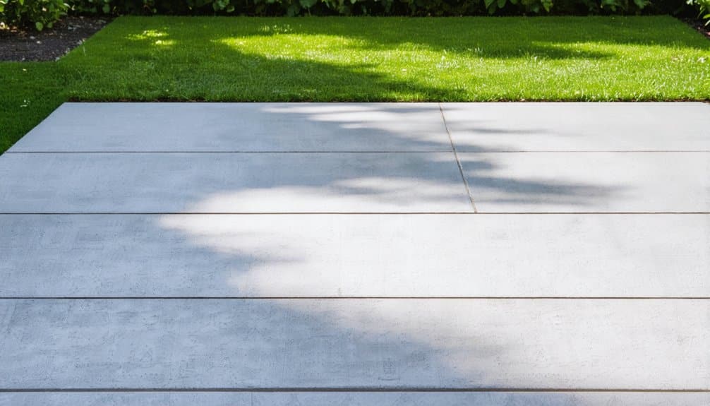 Large concrete patio slabs are arranged in rows next to a green lawn with some shade from nearby trees.