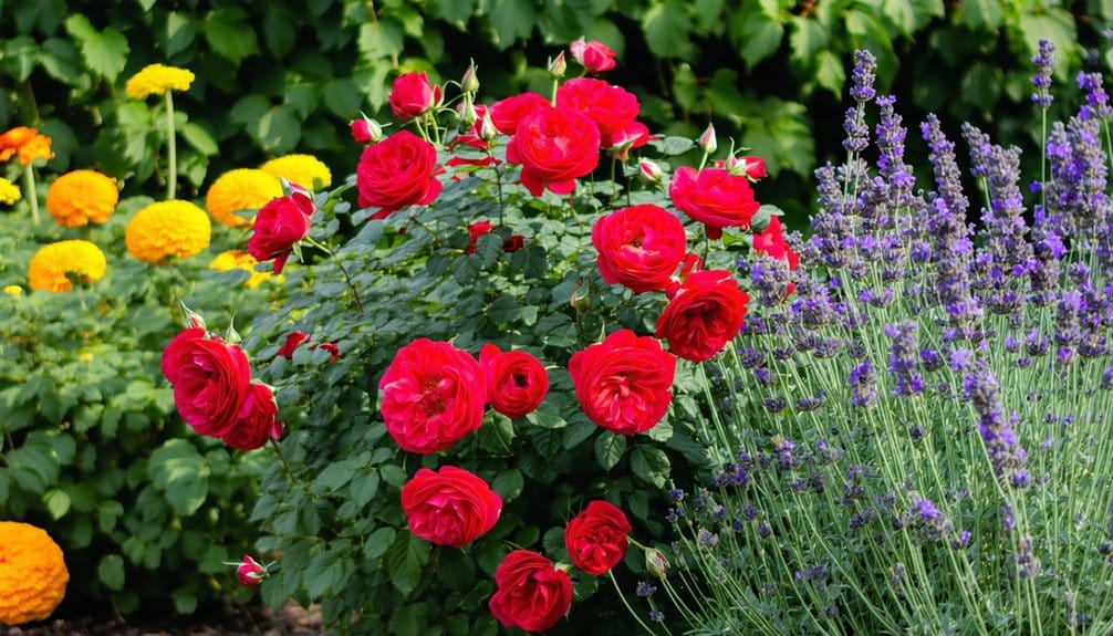 A garden bed with blooming red roses, purple lavender, and yellow marigolds, surrounded by green foliage.