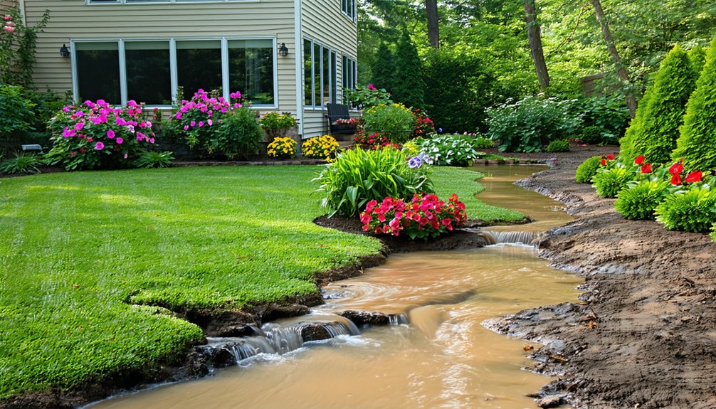 A small muddy stream flows through a landscaped garden with green grass, colorful flowers, and a yellow house in the background.