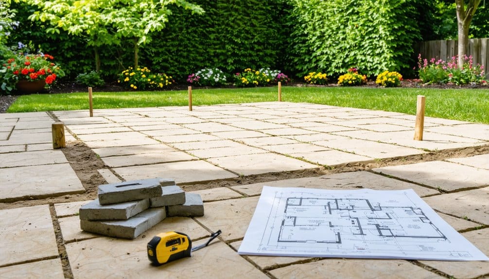 Backyard with paving stones being laid, wooden stakes marking the area, a tape measure, stacked tiles, and a blueprint on the ground surrounded by greenery and flowers.