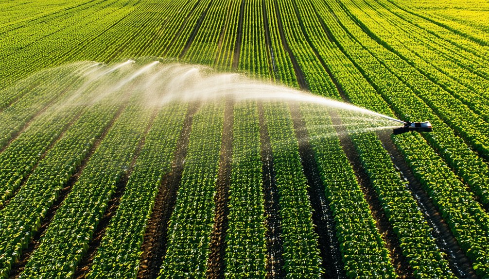 An overhead sprinkler irrigates rows of green crops in a large, well-maintained agricultural field under sunlight.