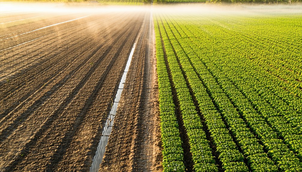 Aerial view of a field divided in half, with bare soil on the left and rows of green crops on the right, under a thin layer of morning mist.