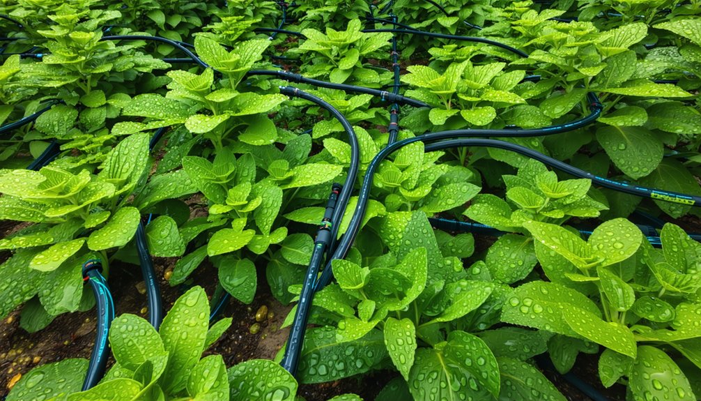Rows of green leafy plants with water droplets on leaves, irrigated by black drip irrigation tubes running through the soil.