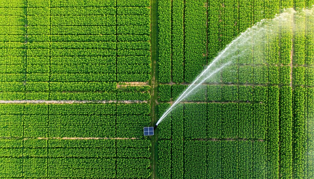 Aerial view of a green crop field with an irrigation system spraying water across the plants, originating from a central, solar-powered unit.