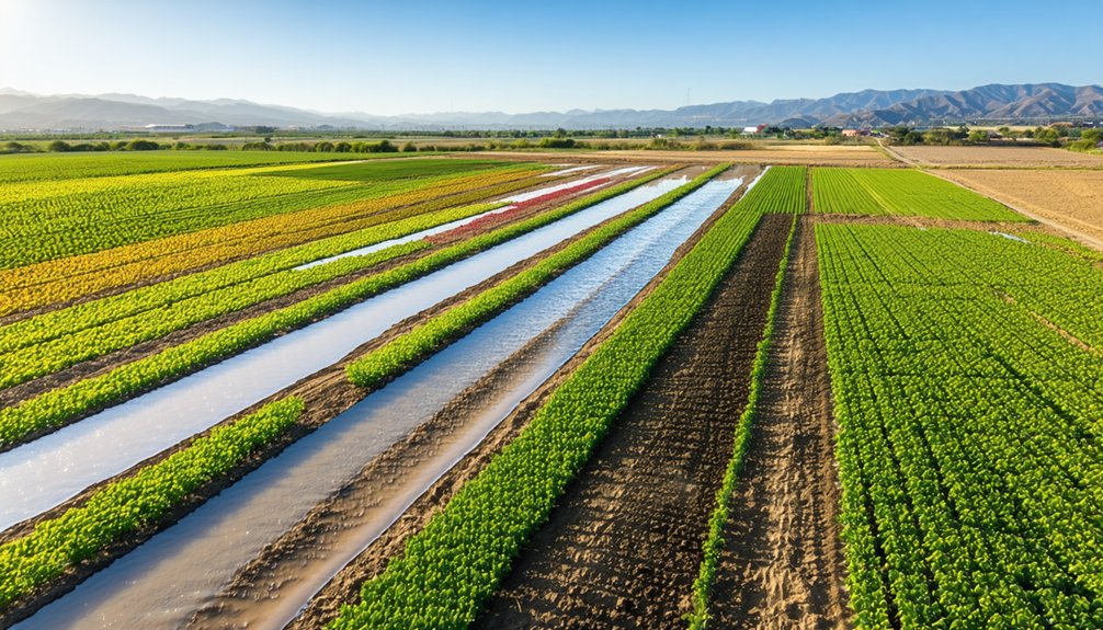 Aerial view of farmland with rows of green crops and irrigation channels under a clear blue sky, with mountains visible in the background.