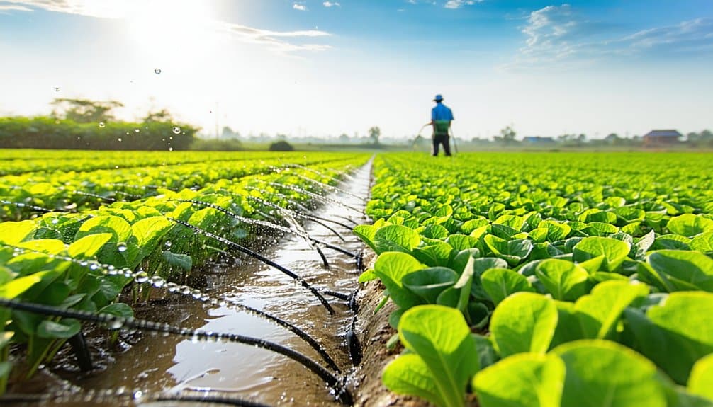 A farmer stands in the background of a sunlit field with rows of green leafy crops being irrigated by a drip system.