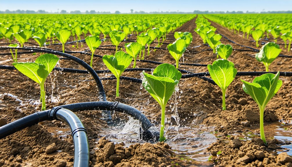 Young green plants in rows are being watered by a drip irrigation system in a cultivated field under a clear sky.
