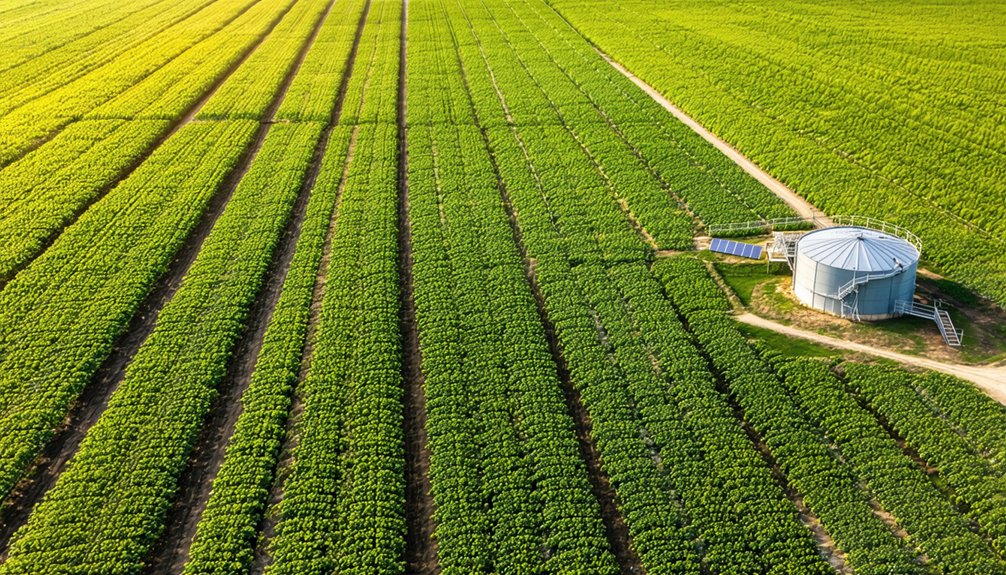 Aerial view of a large, green agricultural field with evenly spaced crop rows and a round metal storage silo near a dirt road on the right side.