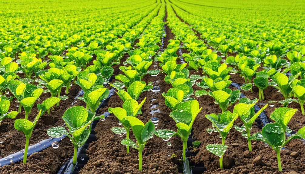 Rows of young green plants growing in soil with water droplets on leaves, showing an irrigated agricultural field stretching into the distance.