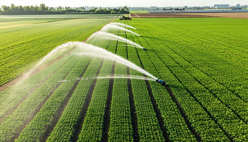Overhead view of green crops in rows being watered by multiple rotating irrigation sprinklers in a large agricultural field.