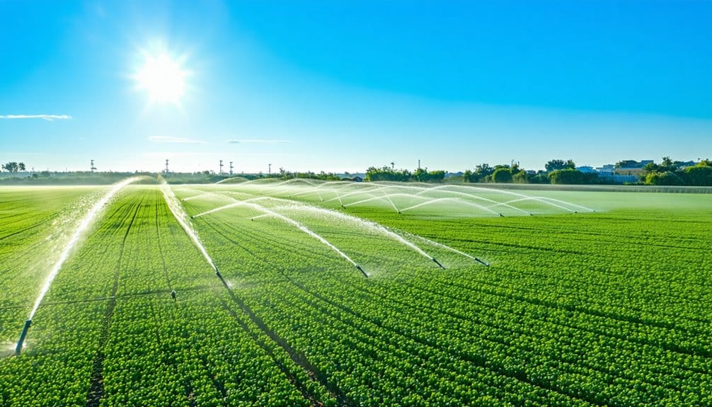A large green agricultural field is being irrigated with sprinklers under a bright sunny sky.