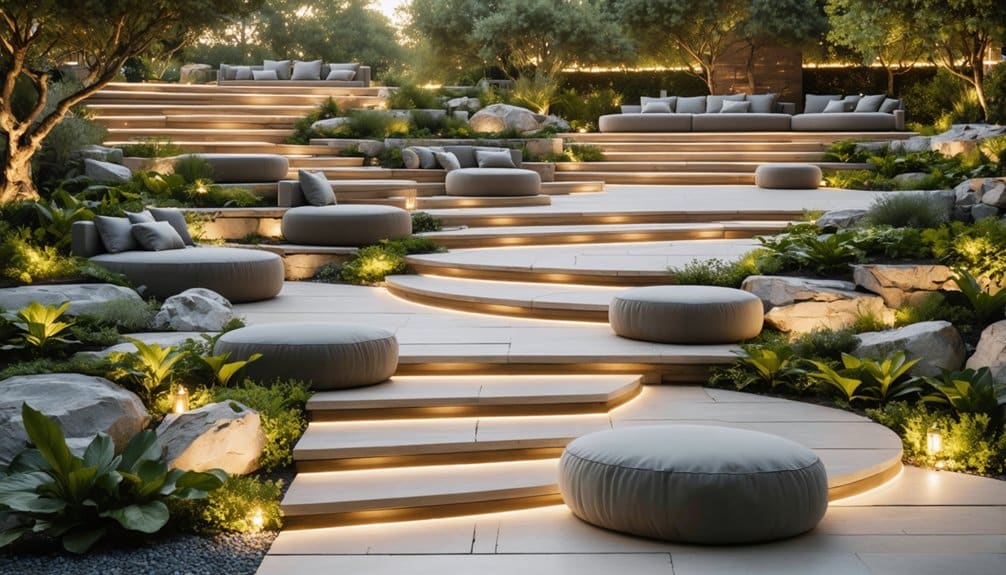 Terraced outdoor seating area with large round cushions, stone steps, built-in lights, greenery, and scattered boulders among trees.