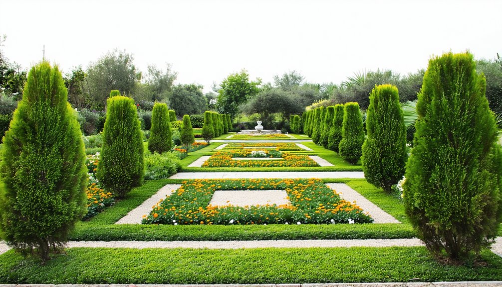 A formal garden with symmetrical rows of manicured shrubs, square flower beds bordered by greenery, and a central fountain in the background.