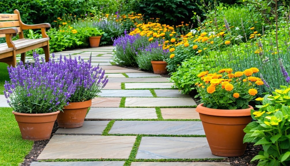 Stone garden path with potted lavender and marigold flowers, surrounded by green plants and blooming flowerbeds, next to a wooden bench.