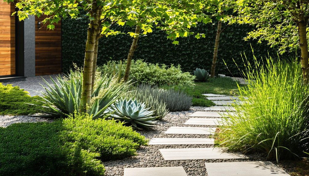 Modern garden with rectangular stone pavers forming a path through gravel, lush green plants, agave, shrubs, and young trees under bright sunlight.