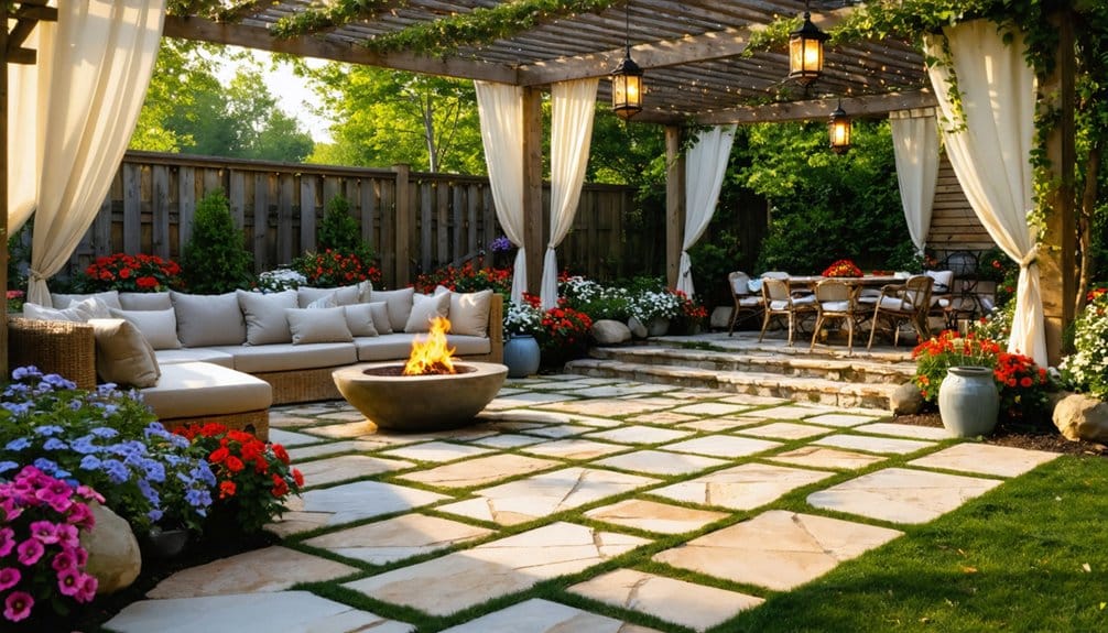 A backyard patio with a stone floor, fire pit, pergola, outdoor seating area, dining table, hanging lanterns, and colorful flower beds.