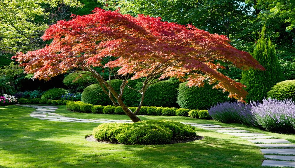 A Japanese maple tree with bright red leaves stands in the center of a landscaped garden with a curved stone pathway and neatly trimmed bushes.