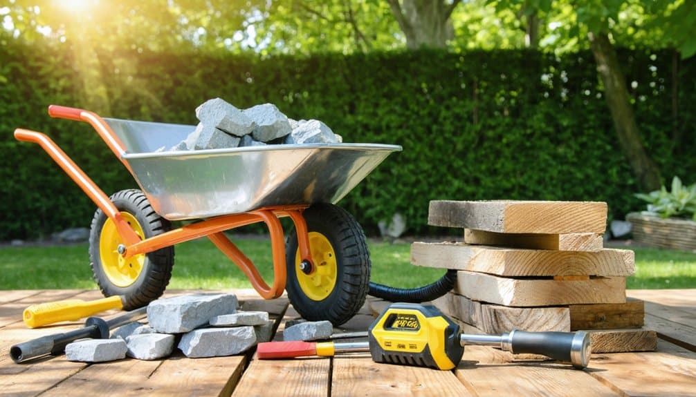 A wheelbarrow filled with gray bricks stands on a wooden deck next to stacked planks, hand tools, and a yellow drill, with a green hedge and trees in the background.