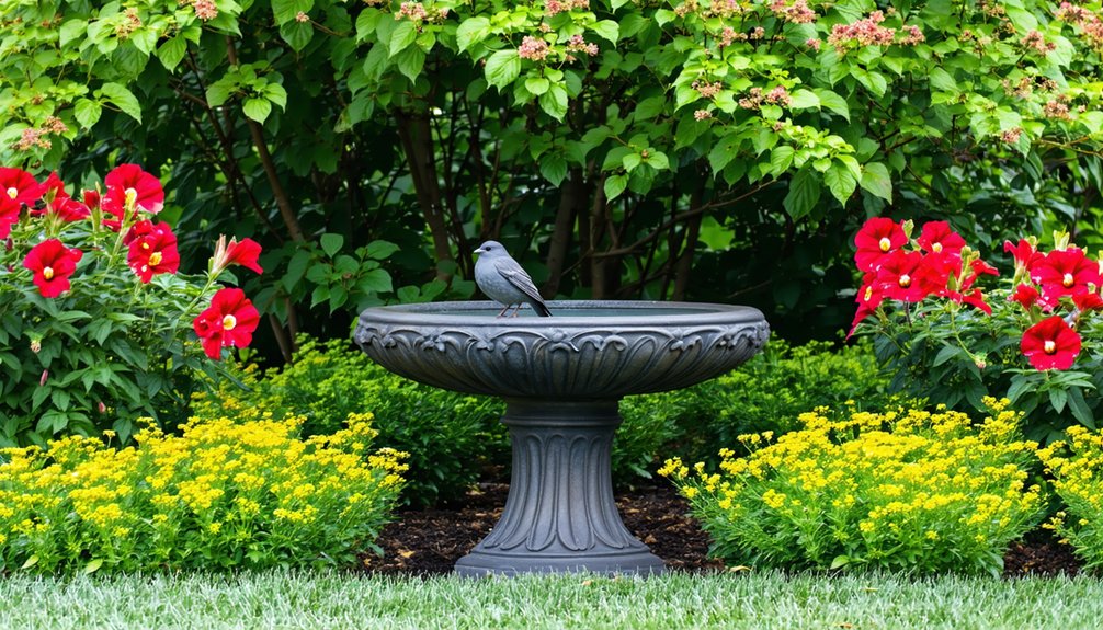 A black bird stands on the edge of a decorative birdbath, surrounded by red and yellow flowers and green shrubs in a garden.