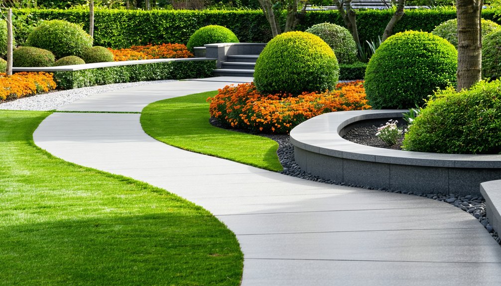 Curved concrete pathway in a landscaped garden with trimmed grass, round bushes, and orange flowers along the edges.