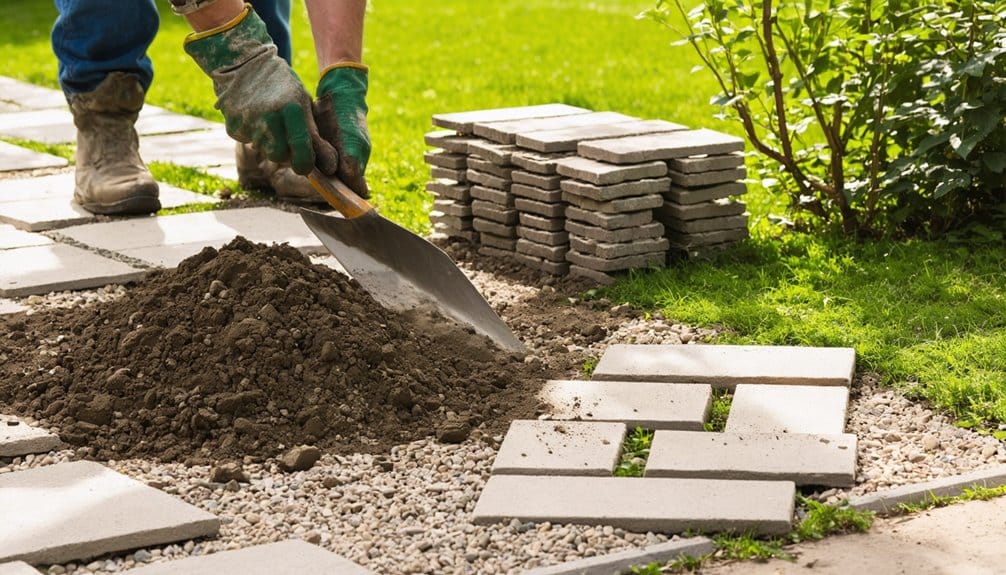 A person with gloves uses a trowel to spread soil while laying rectangular pavers for a garden walkway, with a stack of pavers and green grass in the background.