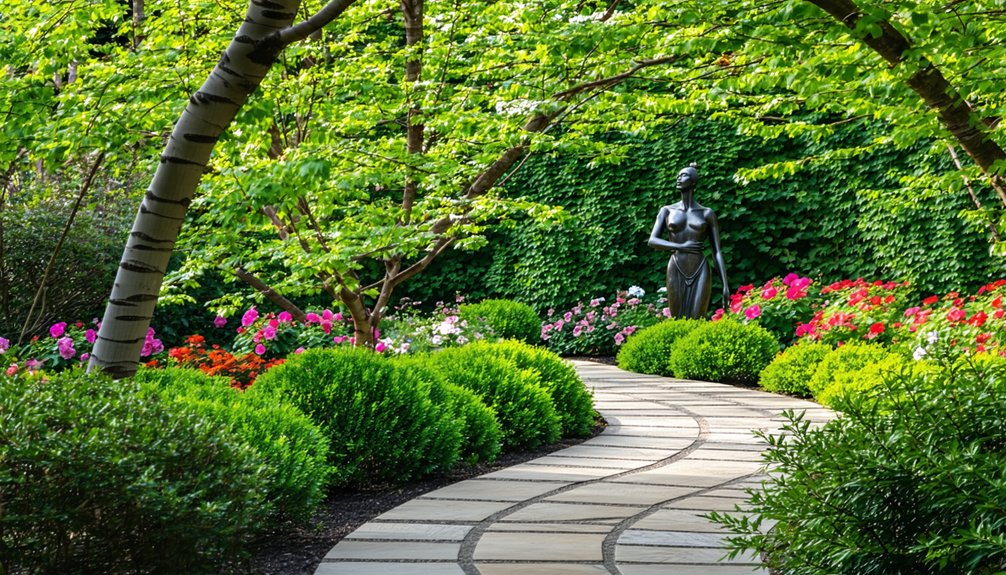 Curved stone path through a garden with trimmed bushes, colorful flowers, leafy trees, and a bronze human statue in the background.