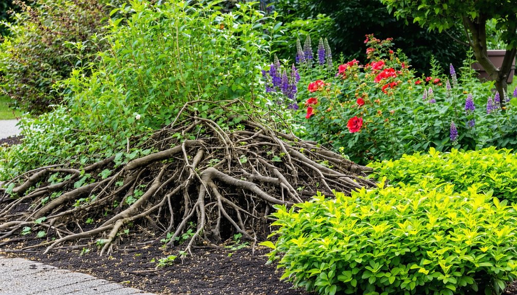 Large exposed tree roots lie in a garden bed surrounded by green shrubs, red roses, purple flowers, and a paved walkway.