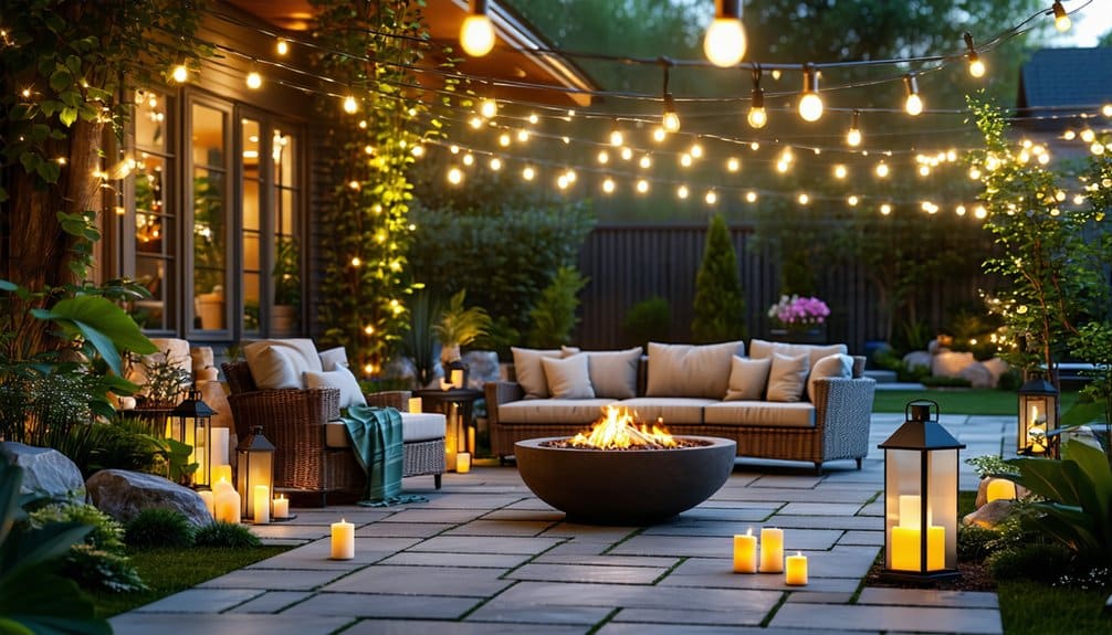 A modern patio with outdoor seating, string lights, candles, and a central fire pit surrounded by plants and lanterns in the evening.