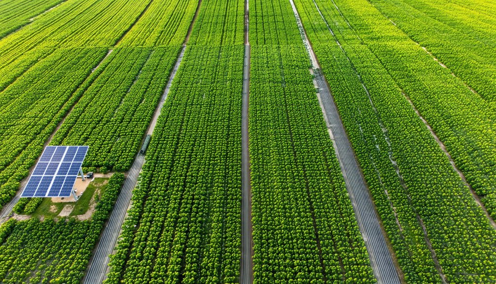 Aerial view of green crop fields with a small solar panel installation in one section of the farmland.