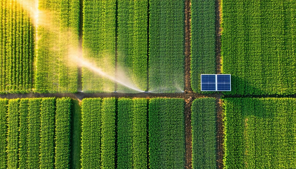 Aerial view of green crop fields with irrigation system operating and a solar panel installation nearby.