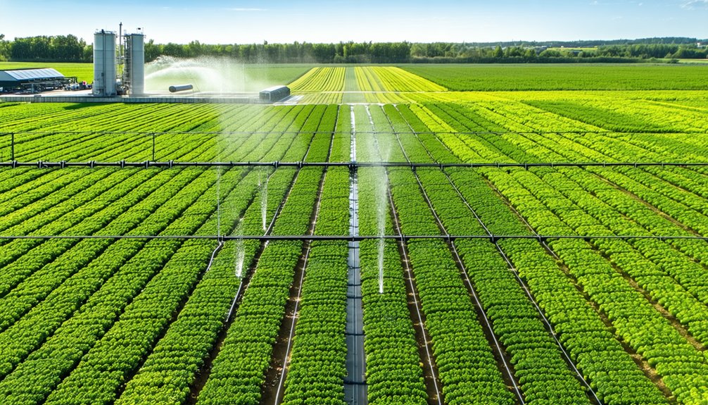 Aerial view of a large green farm field with irrigation pipes spraying water, rows of crops, and farm buildings in the background.