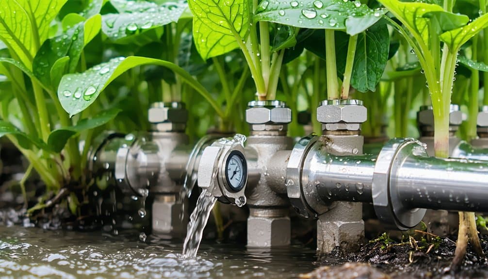 Close-up of a metal irrigation system with a pressure gauge watering green plants, with water droplets visible on leaves and soil.